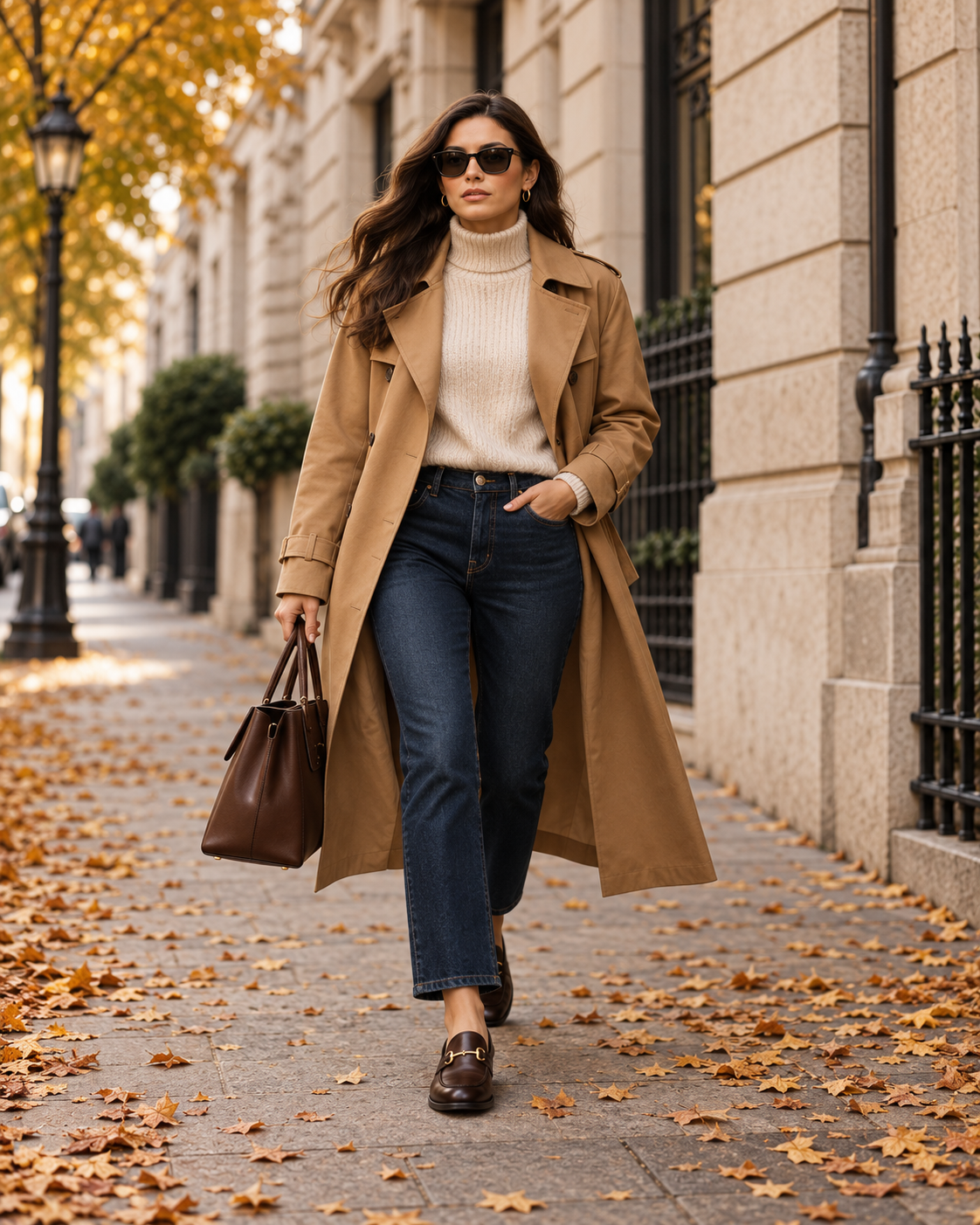 Herbstlicher Damenlook mit Trenchcoat Strickpullover Jeans und Loafern
